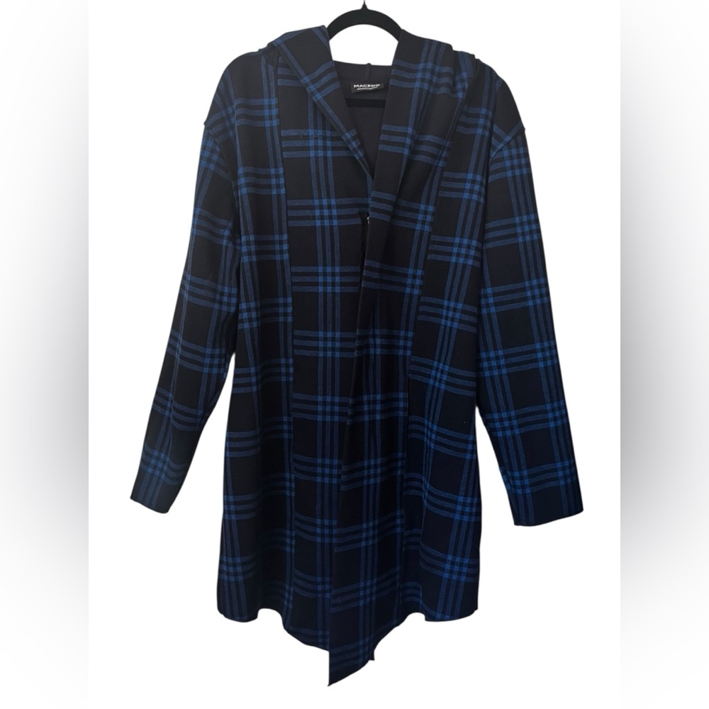 MACROO Paris Blue & Black Plaid Hooded Open Cardigan Jacket